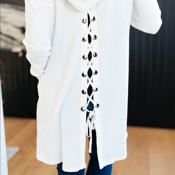 Hooded and Laced Waffle Knit Cardigan in Off White - Picture 7 of 11